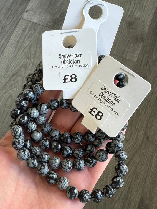 Snowflake Obsidian Beaded Stretch Bracelet