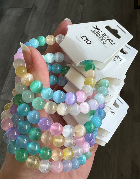 Aura Selenite 8mm Beaded Stretch Bracelet