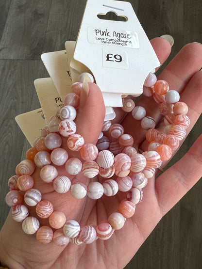 Pink Agate Beaded Stretch Bracelet