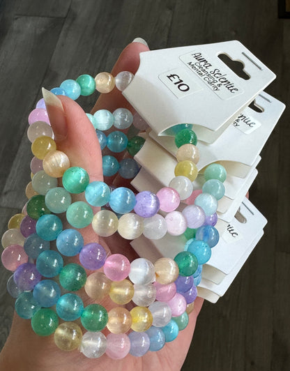 Aura Selenite 8mm Beaded Stretch Bracelet