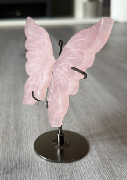 Rose Quartz Butterfly Wings on Stand