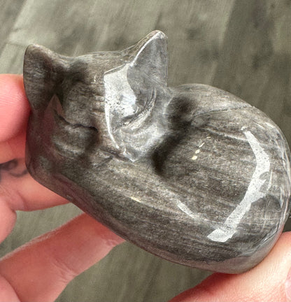 Silver Sheen Obsidian Sleeping Cat