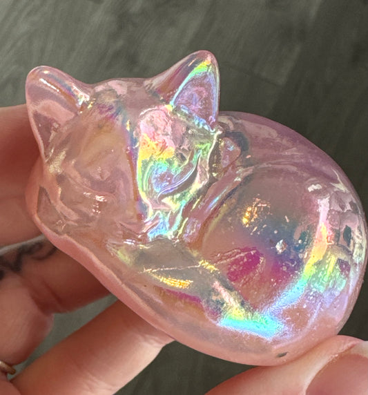 Aura Rose Quartz Sleeping Cat Carving