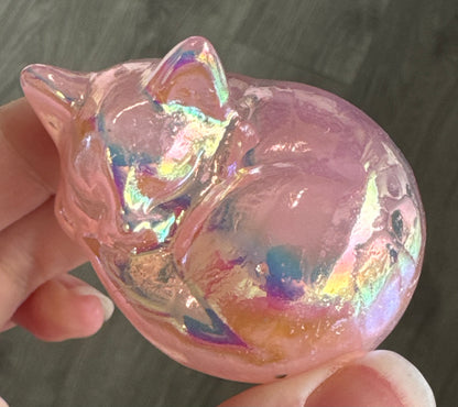 Aura Rose Quartz Sleeping Cat Carving