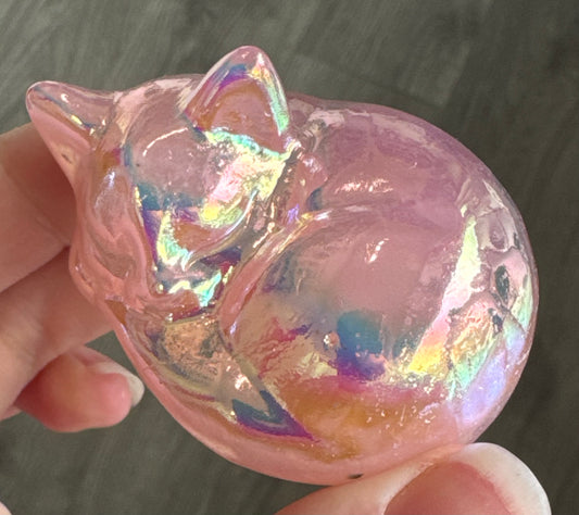 Aura Rose Quartz Sleeping Cat Carving
