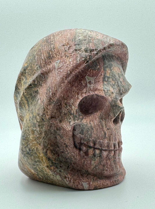 Leopard Skin Jasper Hooded Skull (Guardian Figure) Carving