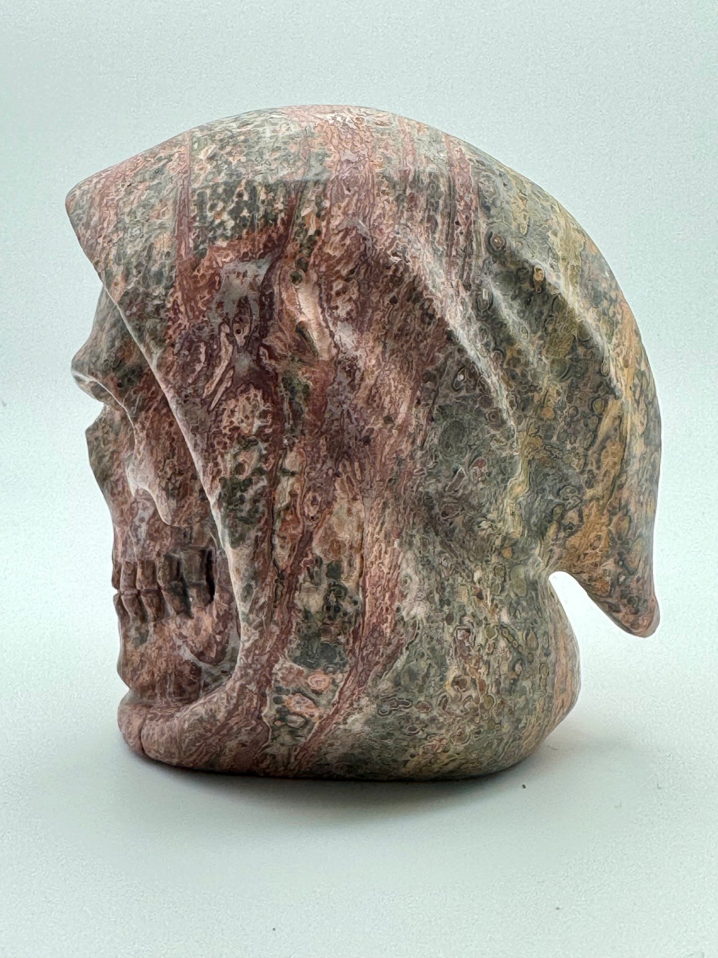 Leopard Skin Jasper Hooded Skull (Guardian Figure) Carving