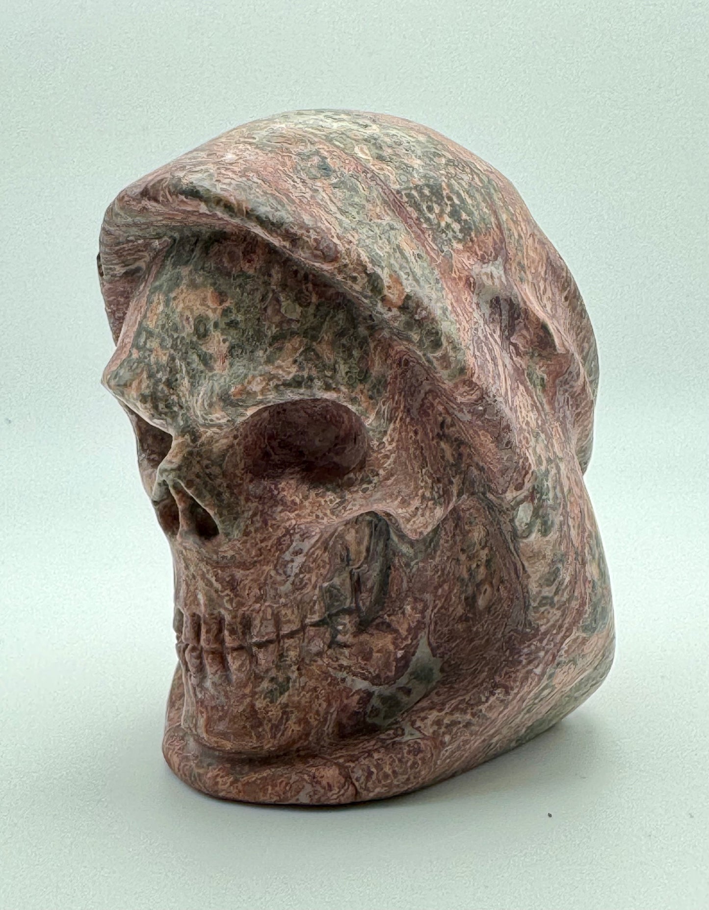 Leopard Skin Jasper Hooded Skull (Guardian Figure) Carving