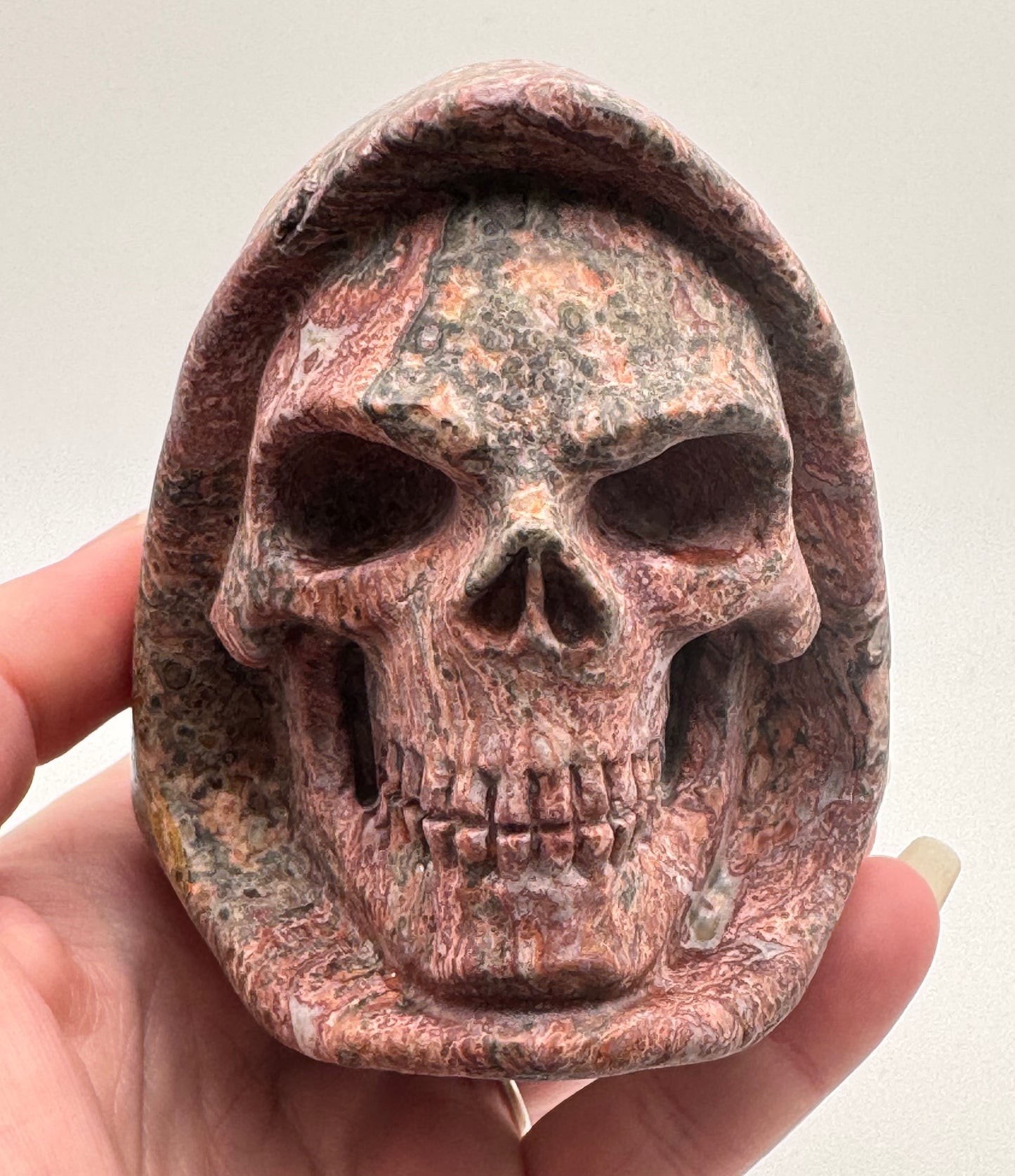 Leopard Skin Jasper Hooded Skull (Guardian Figure) Carving