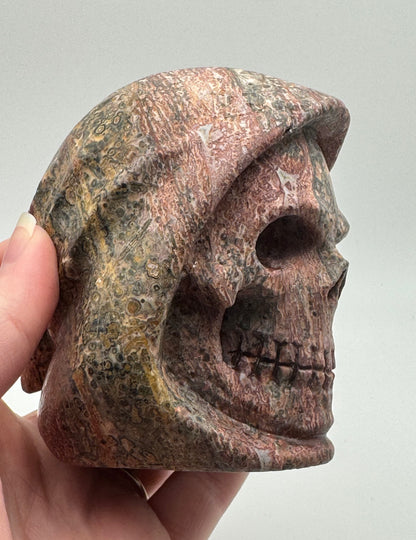 Leopard Skin Jasper Hooded Skull (Guardian Figure) Carving