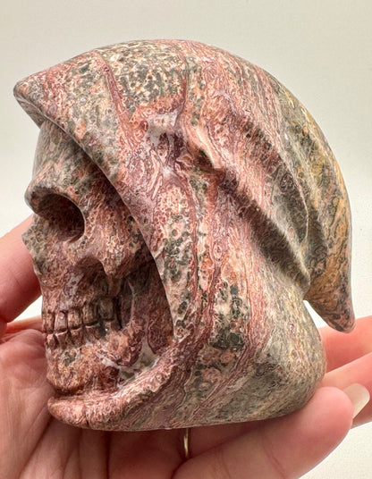 Leopard Skin Jasper Hooded Skull (Guardian Figure) Carving