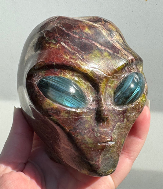 Green Opal Alien Head with Labradorite Eyes