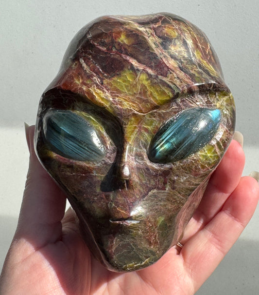 Green Opal Alien Head with Labradorite Eyes
