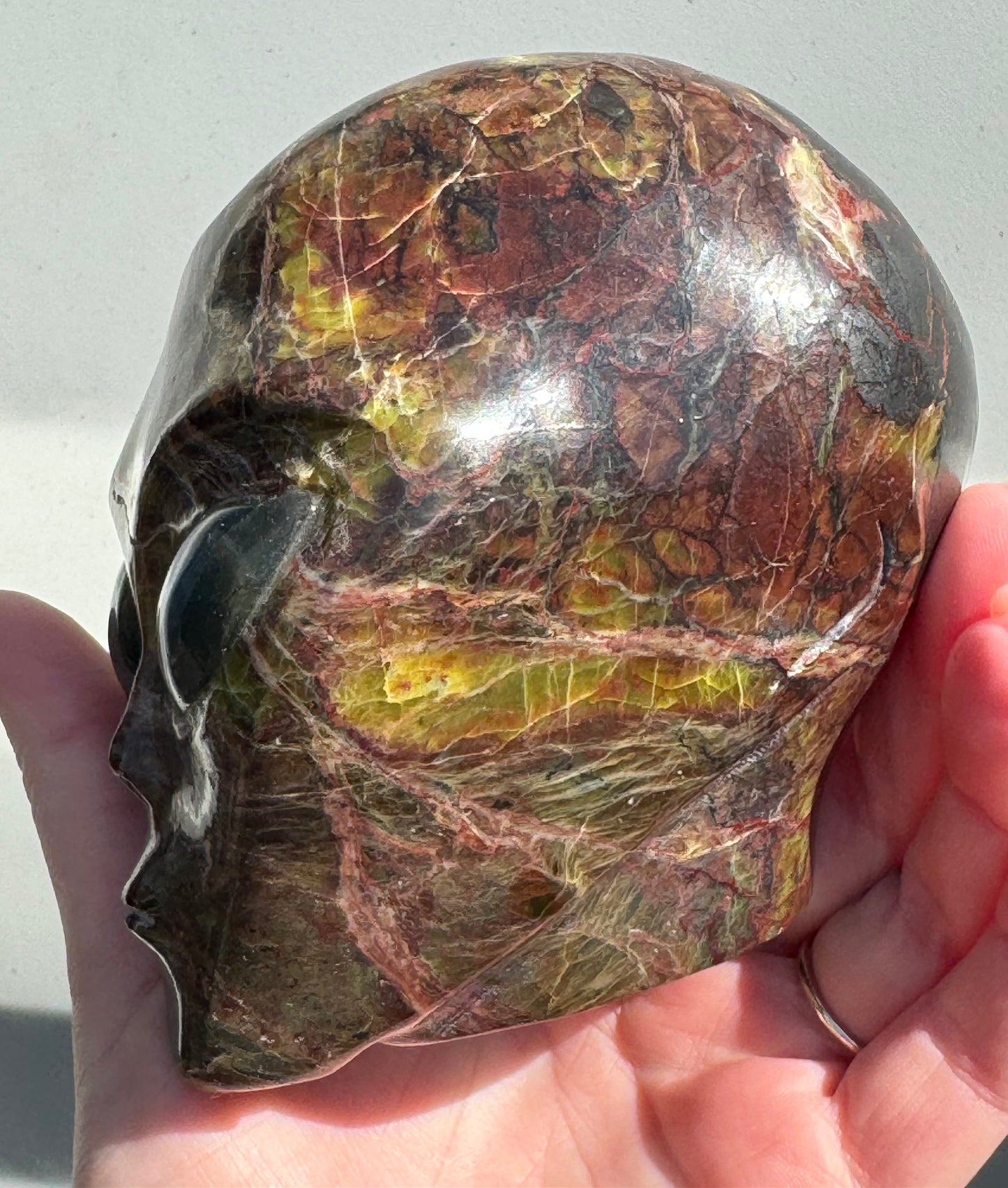 Green Opal Alien Head with Labradorite Eyes