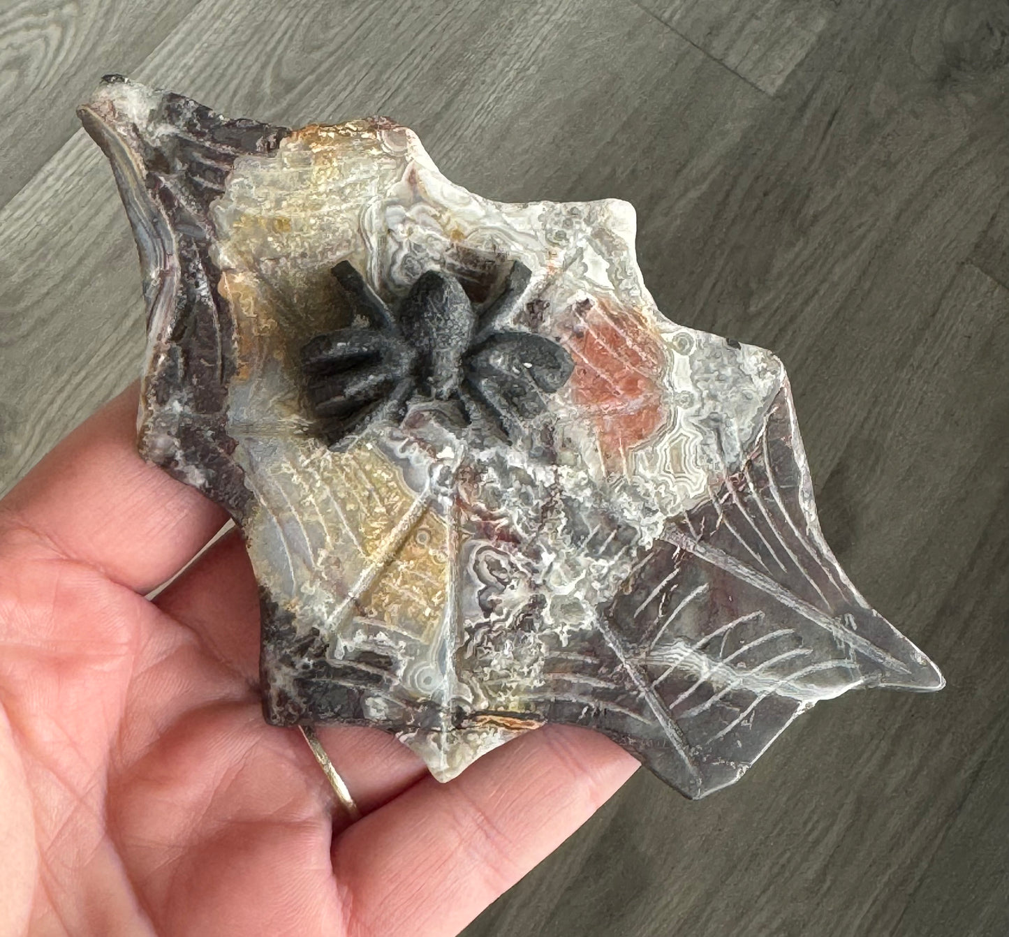 Black Obsidian Spider on Mexican Lace Agate Web