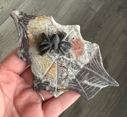 Black Obsidian Spider on Mexican Lace Agate Web
