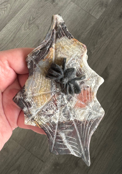 Black Obsidian Spider on Mexican Lace Agate Web