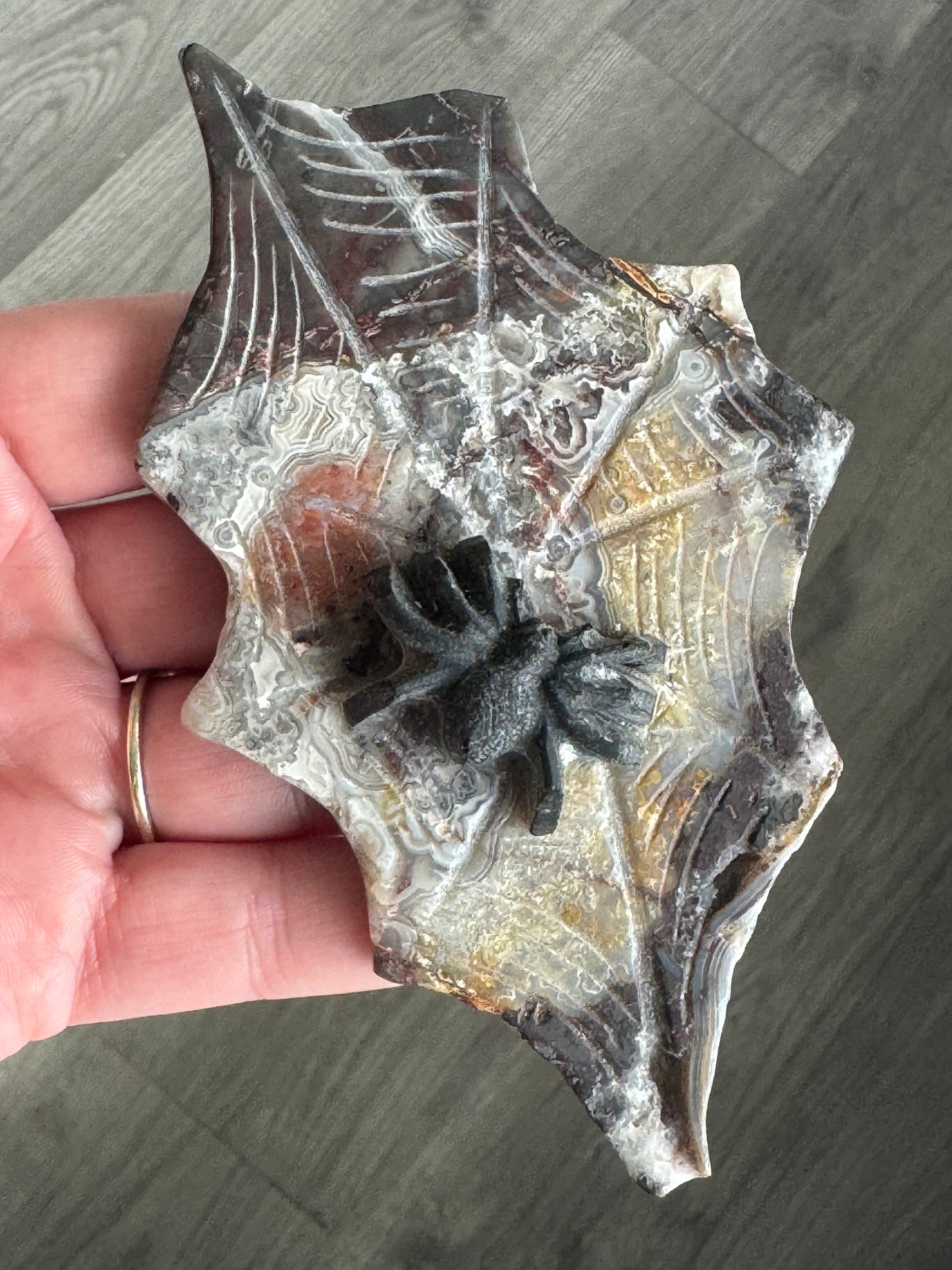 Black Obsidian Spider on Mexican Lace Agate Web