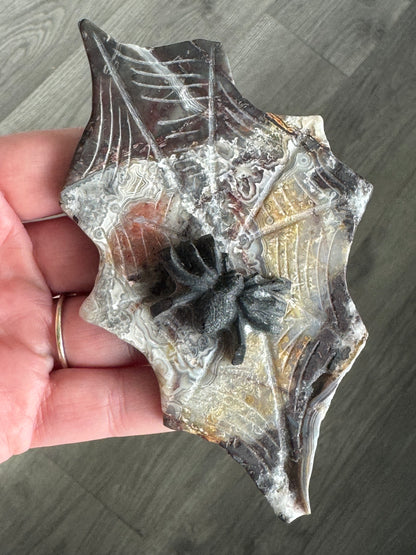 Black Obsidian Spider on Mexican Lace Agate Web