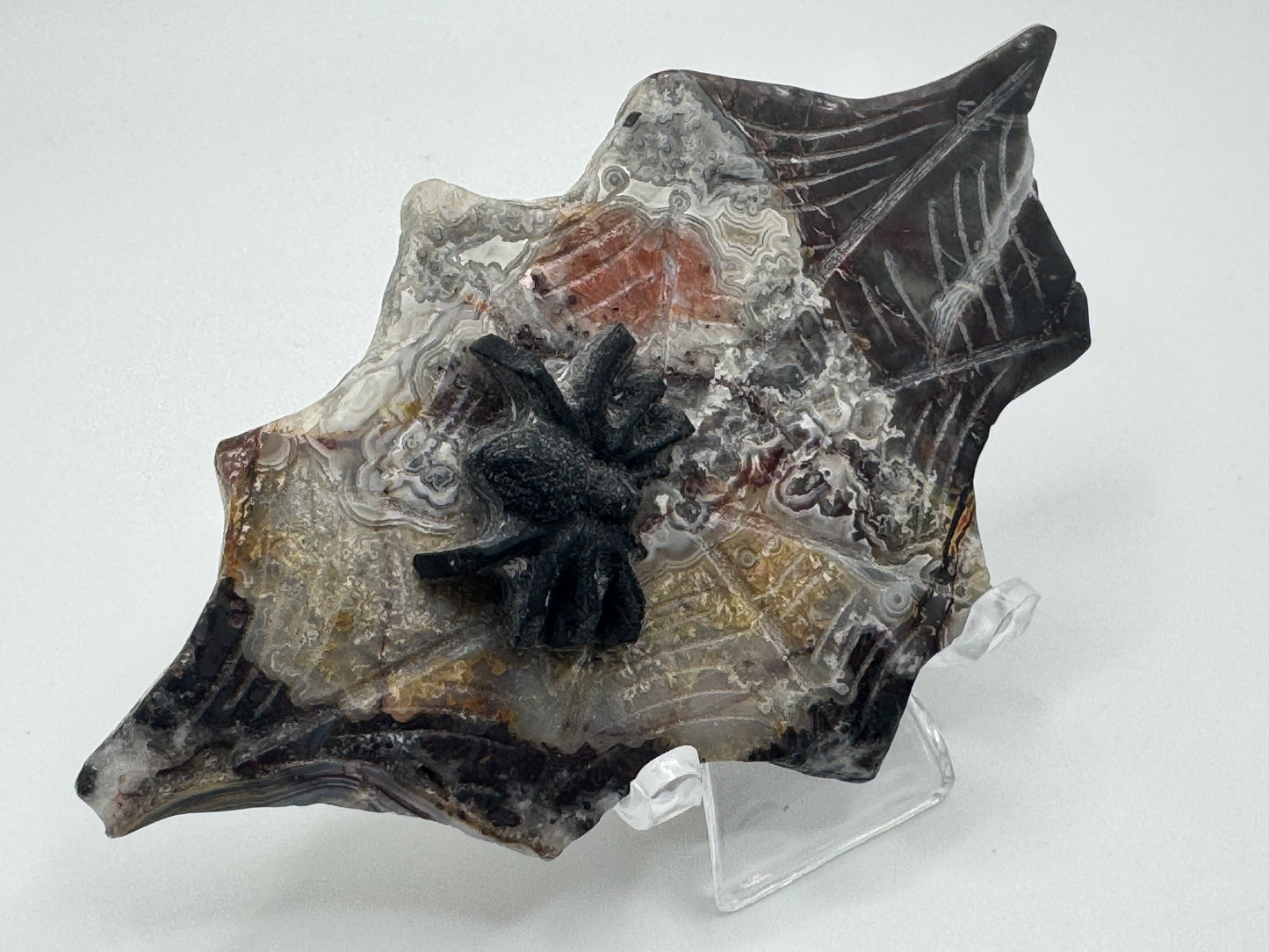 Black Obsidian Spider on Mexican Lace Agate Web
