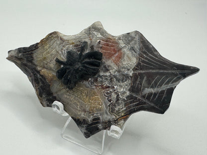 Black Obsidian Spider on Mexican Lace Agate Web