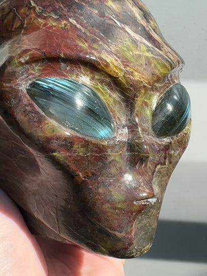 Green Opal Alien Head with Labradorite Eyes